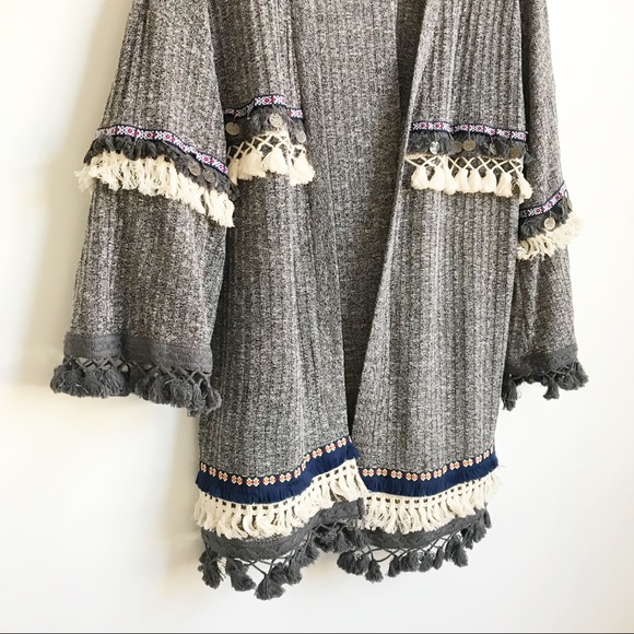 SHEIN Grey Marled Knit Embroidered Tassel Cardigan - Picture 2 of 7